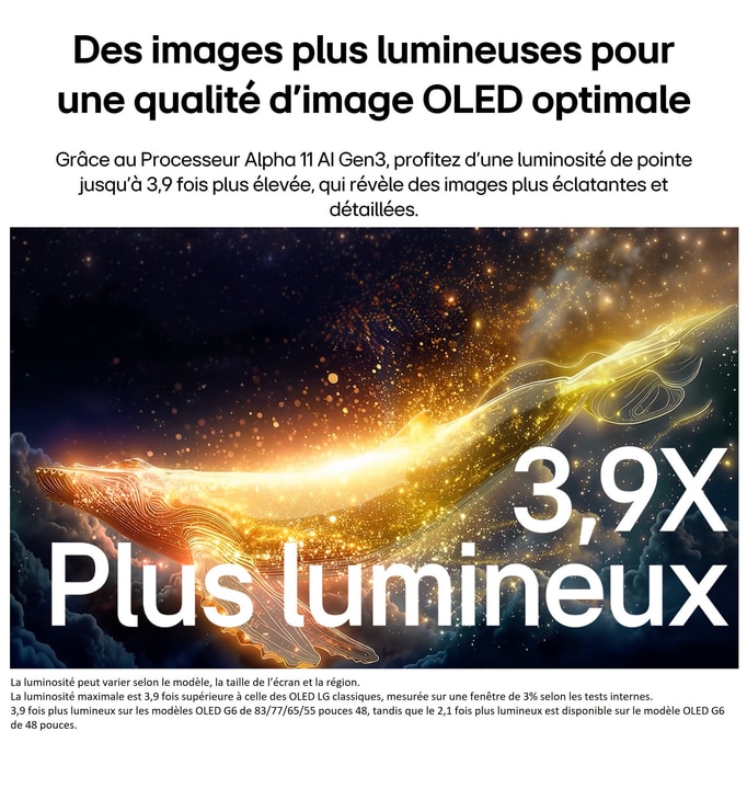 LG OLED evo AI G6 avec Brightness Booster Ultra montre une scène sombre où une silhouette de baleine lumineuse se démarque au milieu de particules éclatantes, offrant une luminance 3,9 fois plus lumineuse avec des détails plus clairs.
